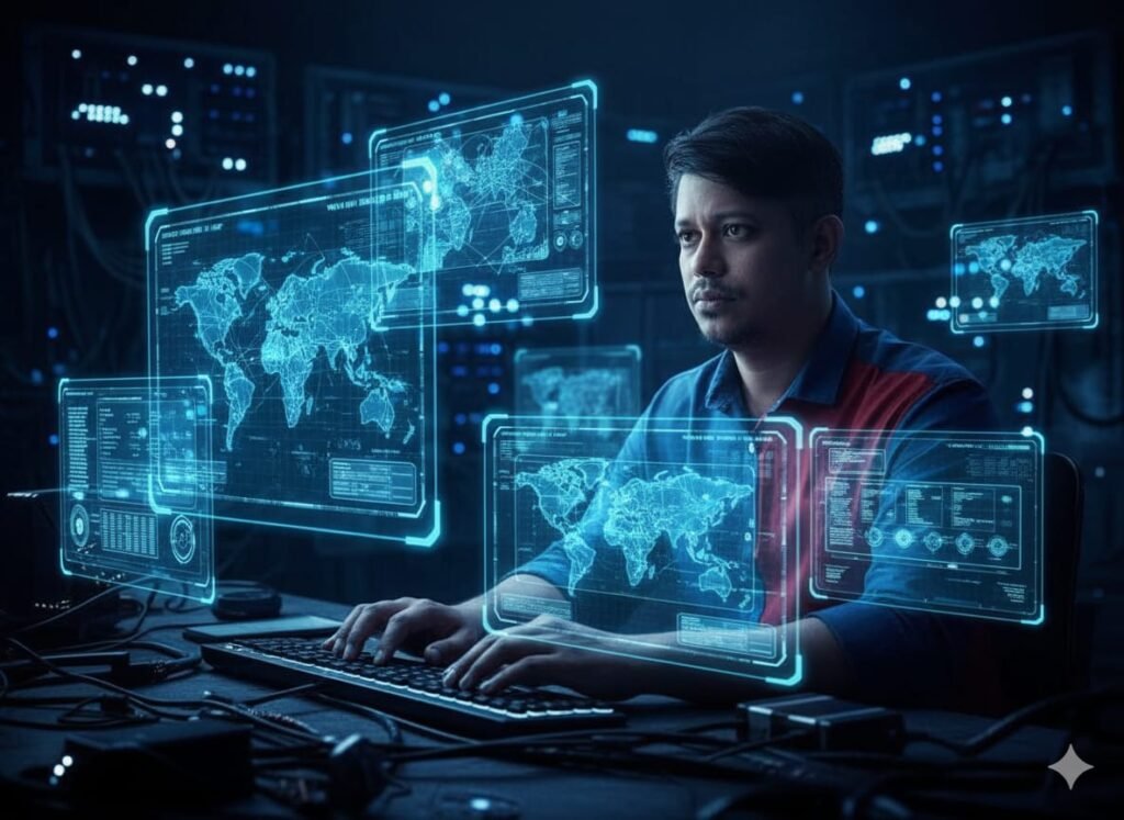 Google Gemini দিয়ে তৈরি ফিউচারিস্টিক সাইবার সিকিউরিটি ছবি- AI Generated Image